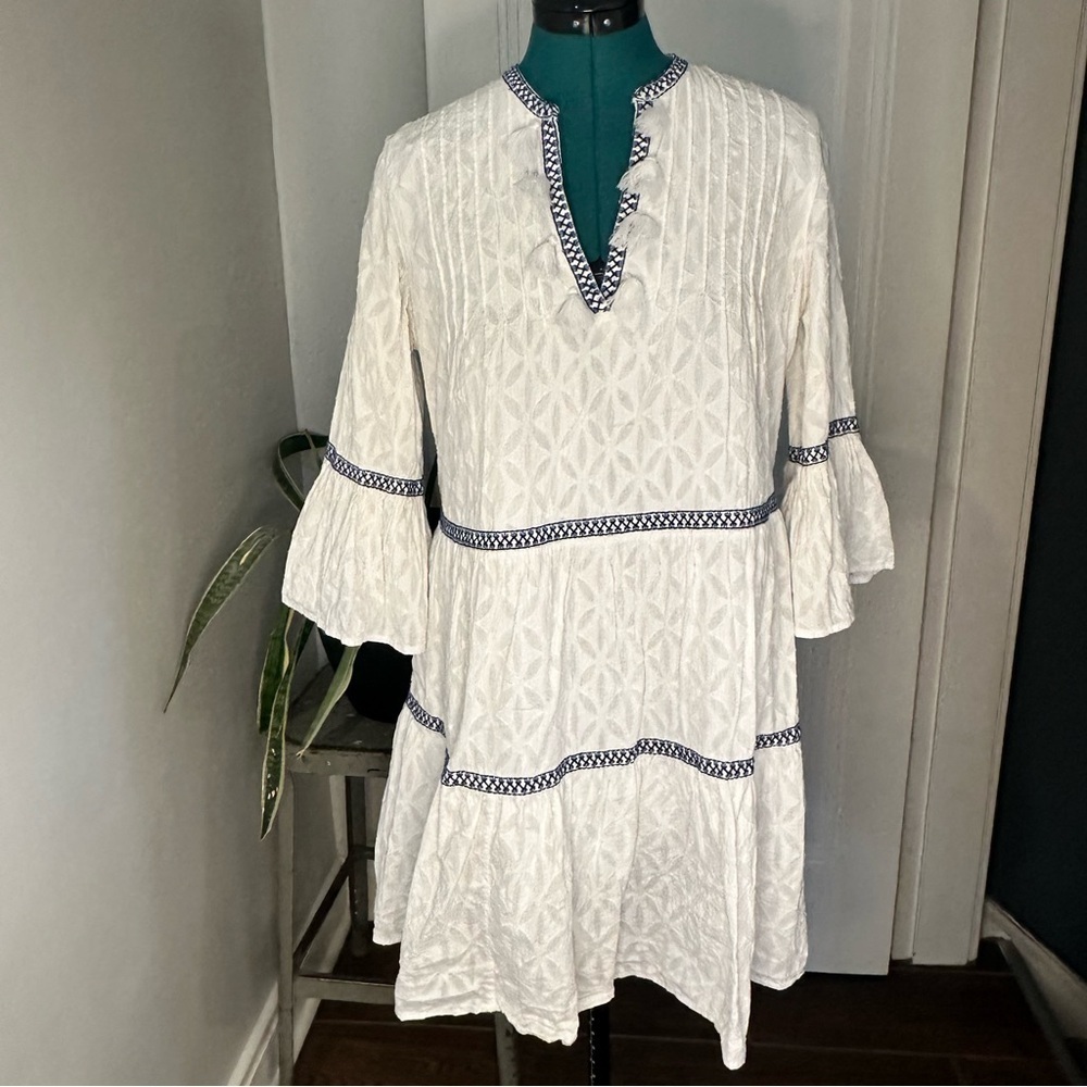 Tommy Bahama Dress Coverup Cotton Clip Embroidered Bell Sleeves White Blue small
